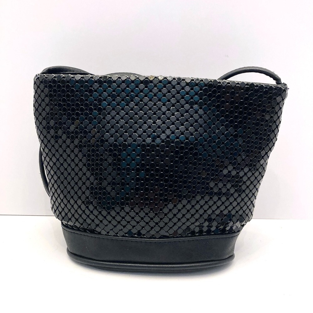 Whiting & Davis Black Mesh Bucket Bag Crossbody Metal Oval Leather Bottom Vtg